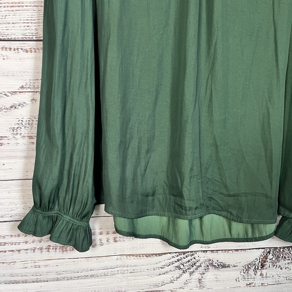 LOFT Dark Emerald Green Silky Shirt Blouse Size L Ruffle Neck Victorian Work - Picture 3 of 9
